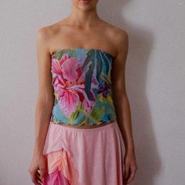 Women's Tanks Crop Tube Tops Slim Flower Print Off Shoulder Backless Sleeveless Shirt For Summer Streetwear