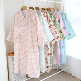 Home Clothing Japanese Kimono Spring And Autumn Ladies Night Gown Cotton Gauze Robe Pajamas Flower Love Bathrobe Mid-Length