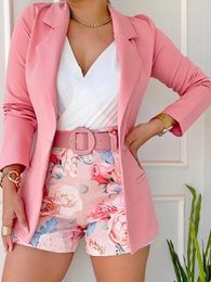 Long sleeved suit jacket shorts set spring fashionable solid lapel jacket printed shorts two-piece set for womens clothing 240508