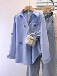 Women's Blouses Turn Down Collar Embroidery Stereo Butterfly Shirts Vintage French 2024 Spring Blusas Single-breasted Blue Women