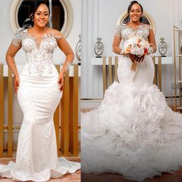 2024 Arabic Aso Ebi Plus Size Ivory Luxurious Mermaid Wedding Dresses Lace Beaded Crystals Detachable Train Bridal Gowns Dress