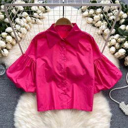 Women's Blouses Women Chic Pleated Crop Top Slim Basic Sexy Korean Fashion Turn-down Collar Lantern Sleeve Summer Blouse