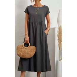 Solid 2024 Colour Sleeveless Loose Cotton and Linen Pocket Dress 7889Q