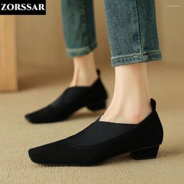 Casual Shoes Womens Flats Square Toe Suede Elastic Band Slip On Flat Leather Women Low Heels Dress Comfortable Ladies Shoe