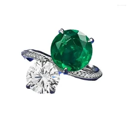 Cluster Rings Spring Qiaoer Elegant 925 Sterling Silver 10 MM Round Emerald High Carbon Diamond Gemstone Ring For Women Fine Wedding Jewellery