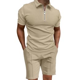 Cross border summer mens polo shirt set solid Colour waffle short sleeve slim lapel tshirt casual 240511