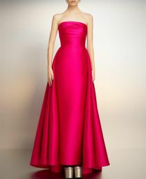 Elegant Long Fuchsia Satin Pleated Evening Dresses with Back Train Sheath Strapless Neck Ankle Length Pleats Zipper Back Prom Dresses for Women