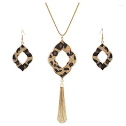 Dangle Earrings Long Necklace For Women Leopard Print Cheetah Leather Drop Set Geometric Pendant Fringe