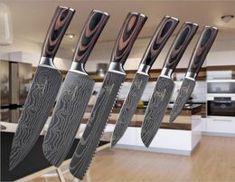 6PCS Damascus Pattern Knife Damask Kitchen Knives Chef SET Wooden Handle8153018