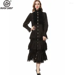 Casual Dresses Women's Runway Stand Collar Long Sleeves Tiered Ruffles Single Breasted Elegant Designer Maxi Vestidos