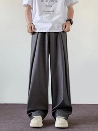 Men's Suits 2024 Summer Casual Fashion Pants Ice Silk Cotton Trousers Wide Leg Elastic Waist Straight Suit Pant B49