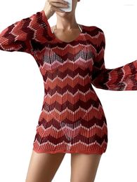 Casual Dresses Women Crochet Knitted Mini Dress Long Sleeve Hollow Out Sweater Cover Ups Beach Seaside Summer Outfit