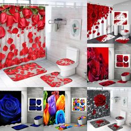 Shower Curtains 4Pcs Valentine Curtain Set Non-Slip Rug Toilet Lid Cover Bath Mat Red Rose Romantic Spring Floral Bathroom