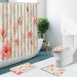 Shower Curtains Pink Rose Butterfly Three-Dimensional Flower Bathroom Set Curtain Non-Slip Rug Flannel Carpet Toilet Cover Bath Mat Decor