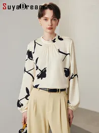 Women's Blouses SuyaDream Women Printed 90%Silk 10%Spandex Stand Collar Puff Sleeves Shirts 2024 Spring Summer Elegant Top