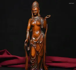 Decorative Figurines 10" Chinese Boxwood Wood Carve Lakshmi Kwan-yin Guan Yin Goddess Buddha Statue