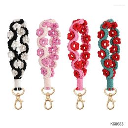 Keychains 2024 Bohemian Braided Wrist Strap Keychain Handmade Personalized Flower Rose Key Chain