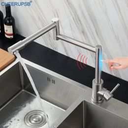 Kitchen Faucets Touch Sense Single Cold Faucet One Hole Deck Mount Sensor Tap Smart Stainless Steel Folding Brush Rotate Taps