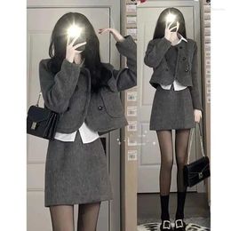 Work Dresses 2024 Autumn Winter Women Elegant Woolen Skirts Jackets 2 Piece Set Female Grey Mini Suit Korean O-neck Shorts Coats