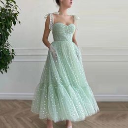Mint Green Hearty Prom Dresses 2021 Tied Bow Straps Sweetheart Midi Prom Gowns Pockets Tea-Length Evening Party Dress 215z