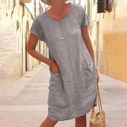 Party Dresses Linen For Women 2024 Casual O-Neck Short Sleeve Elegant Summer Boho Beach Pockets Sundress Vestido Feminino