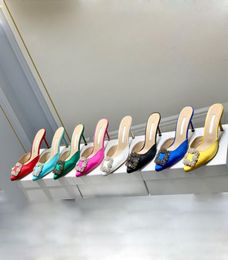 Luxury Designer slippers Rhinestone shoes women's 7cm thin high heels latest fashion silk crystal metal decorative women Sandals Flip Flops5844830
