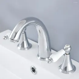 Bathroom Sink Faucets Polished Chrome Brass Widespread Dual Handle Washing Basin Mixer Taps Deck Mounted 3 Holes Lavatory Faucet Anf980