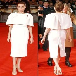 Angelina Jolie Sheath Knee Length Prom Dresses With Cape Jewel Neck Back Slits Celebrity Red Carpet Dresses Short Formal Evening Gowns 2350
