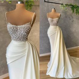 2022 Luxury Pearls Spaghetti Evening Dress Beading Sequins Ruched Prom Gowns Satin Sweep Train Mermaid Party Dresses B0424 209U
