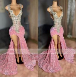 Long Pink Slit Sexy Prom Dresses Sheer Mesh Top Luxury Sparkly Diamond Black Girls robe femme elegant 2024 Formal Party Gowns