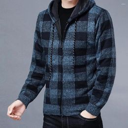 Men's Sweaters Plaid Men Jacket Knitted Stylish Print Hooded Warm Casual Coat With Zipper For Fall