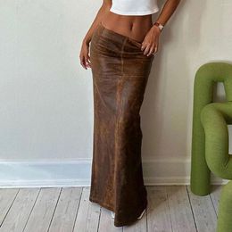 Skirts Vintage Brown Leather Skirt With Slit Women Elegant Low Rise Slim Long PU 2024 Spring Summer Outfits Y2k For Party