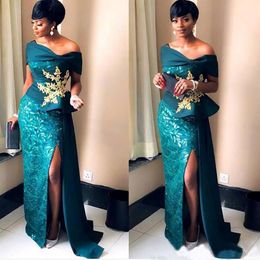 New Nignia gorgeous Elegant mermaid Evening Dresses off the shoulder sexy high split sweep train prom dress custom made with gold lace 261W