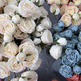 Decorative Flowers 3Heads 9cm Artificial Head Silk Rose Flower For Wedding Home Decoration Fake DIY Wreath Scrapbook Supplies