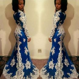 Royal Blue White Lace South African Prom Evening Dresses Wear 2020 With Long Sleeve Jewel Mermaid Dress Formal Gowns vestidos de festia 2697