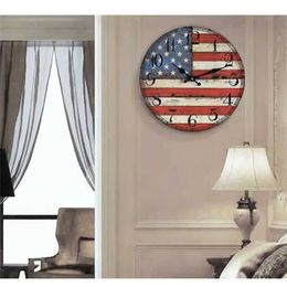 Wall Clocks Vintage Retro Style Wooden Wall Clock American Flag Nostalgic Art Wall Hanging Clock Watch Home Office Cafe Store Decoration