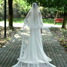 Wedding Hair Jewelry v105 Long Cathedral Wedding Bride Veil Lace Edge Appliques Bridal Veils with Blusher 2 Tiers Wedding Dress Accessories for Bride