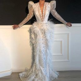 Luxury Feather Prom Dresses Glitter Crystal Custom Made Sexy V Neck Long Slevees Tulle Evening Dress Sweep Train Party Wear Mermaid Ves 2768