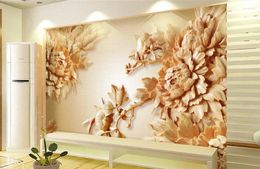 Wallpapers 3D Carvings Peony TV Backdrop Wallpaper Flower Stereoscopic Home Decoration