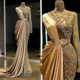 2022 Gold Luxurious Mermaid Evening Dresses Beaded Crystals Prom Dresses High Neck Formal Party Second Reception Gowns BC129980 B0422 257g