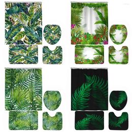 Shower Curtains 4Pcs Tropical Palm Leaves Green Plant Curtain Set Flower Scenery Bathroom Non-Slip Bath Mat Rug Toilet Lid Cover