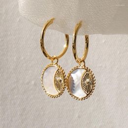 Hoop Earrings Retro Round Sun Moon For Women Fashion Gold Plated Mother-of-pearl Coin Pendant Wedding Party Jewellery Birthday Gift