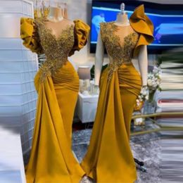 Gold African Prom Dresses With Sheer Neck Beads Crystals Appliques Mermaid Puffy Sleeves Aso Ebi Evening engagement Party Gown 243N