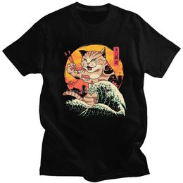 Men's T-Shirts Brand New T Shirt Men Cotton Neko Sushi Wave T-Shirts Short Slves Japan Retrowave Feline Cat Graphic Ts Summer andise T240510