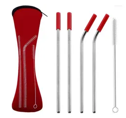 Drinking Straws 100 Sets 4pcs/set Reusable Stainless Steel With Silicone Tips Clean Brush & Cloth Bag Wedding Party Straw SN1814