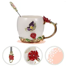 Cups Saucers 1 Set 320ml Decorative Flower Tea Cup Enamel Coffee Mug Drinking