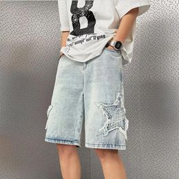 Men's Jeans Men Denim Summer Shorts Slim Hip Hop Star Print Straight Pants Casual Design Male Clothes Korean Harajuku Hombre