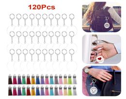 120Pcs Transparent Acrylic Keychain Blanks Set Round Pendant Charm Tassel Jump Rings DIY Chain Keyring Set Perfect Party Favors9613360