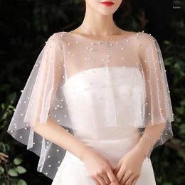 Women's Blouses Women Sheer Tulle Pleated Wedding Shawl Rhinestone Pearl Beads White Capelet Bolero Vintage High Low Shrug Wrap Cover Up