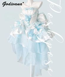 Work Dresses Super Fairy Water Blue Party Skirt Set Girl Women Bow Flower Princess Tube Top Back Big Cake Culottes Trailing Sweet Outfits